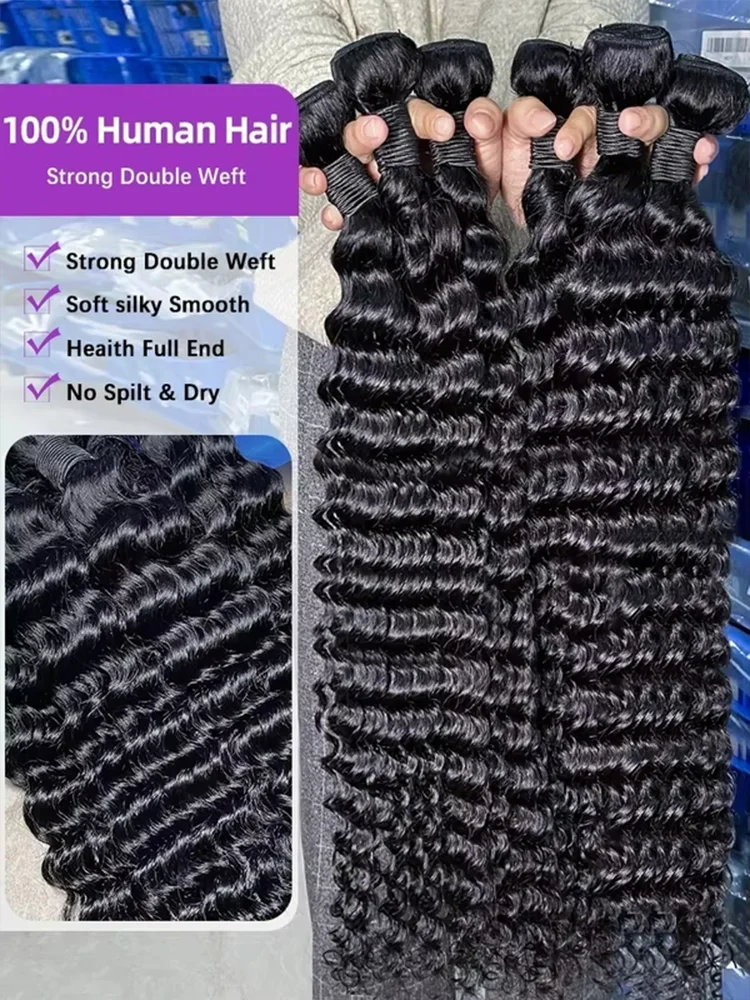 Brazilian Remy Unprocessed Deep Wave Bundles 12-40 Inch - 1/3/4 Weave Extensions Natural Curly Hair Deals For Daily Use