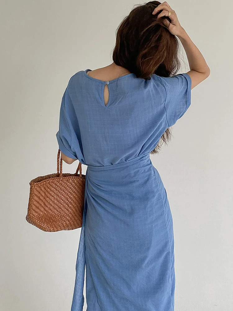 QOERLIN Blue Bandage Dress Chic O Neck Lace-Up Short Sleeve Summer Midi Dress Female 2023 New Elegant Solid Fashion Korean Dress