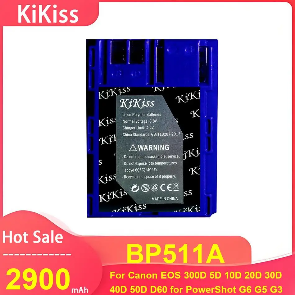 

KiKiss Camera Battery For Canon PowerShot EOS 300D 5D 10D 20D 30D 40D 50D D60 G6 G5 G3 G2 G1 ,BP511A 2900mAh Batteries