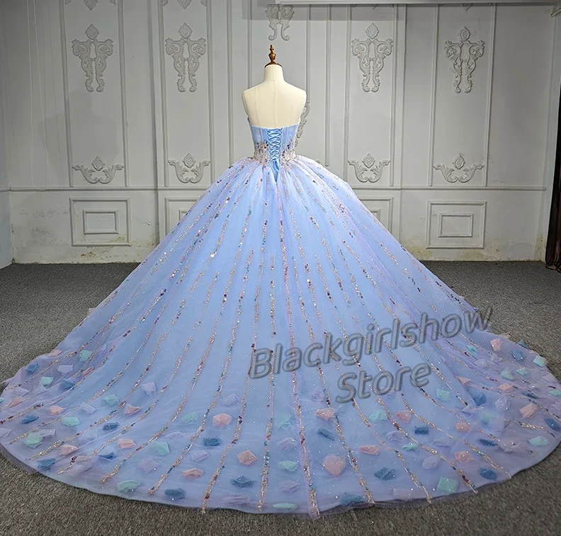 Vestido De tul transparente con apliques De cristal para mujer, vestido elegante De lujo con cola azul, 15 años