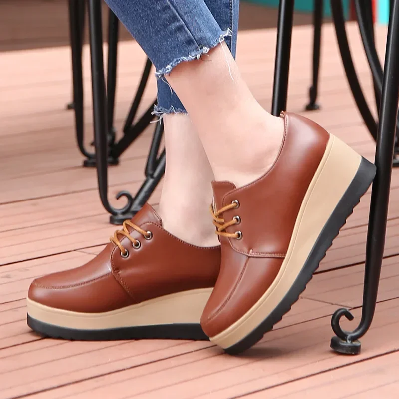 Comemore Women Oxford Shoes Flat Platform Casual Ladies Shoe Leather Pumps Round Toe Zapatos Mujer 2024 High Heel Footwear Brown