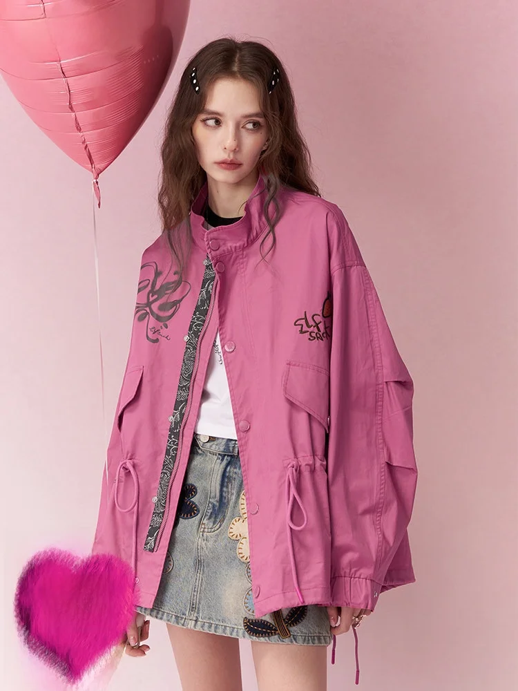 

Slimming Effect Long Waist-Cinching Dstring Women's Windbreaker Early Spring Workwear Jaet Pink Noise Casual Sle