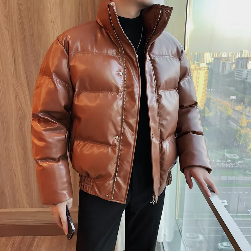 Fashion Gright Cotton Padded Coat Short Men's Cold Coat Winter Clothing Thickened Warm Pu Leather Jacket New In Parkas Men Brown