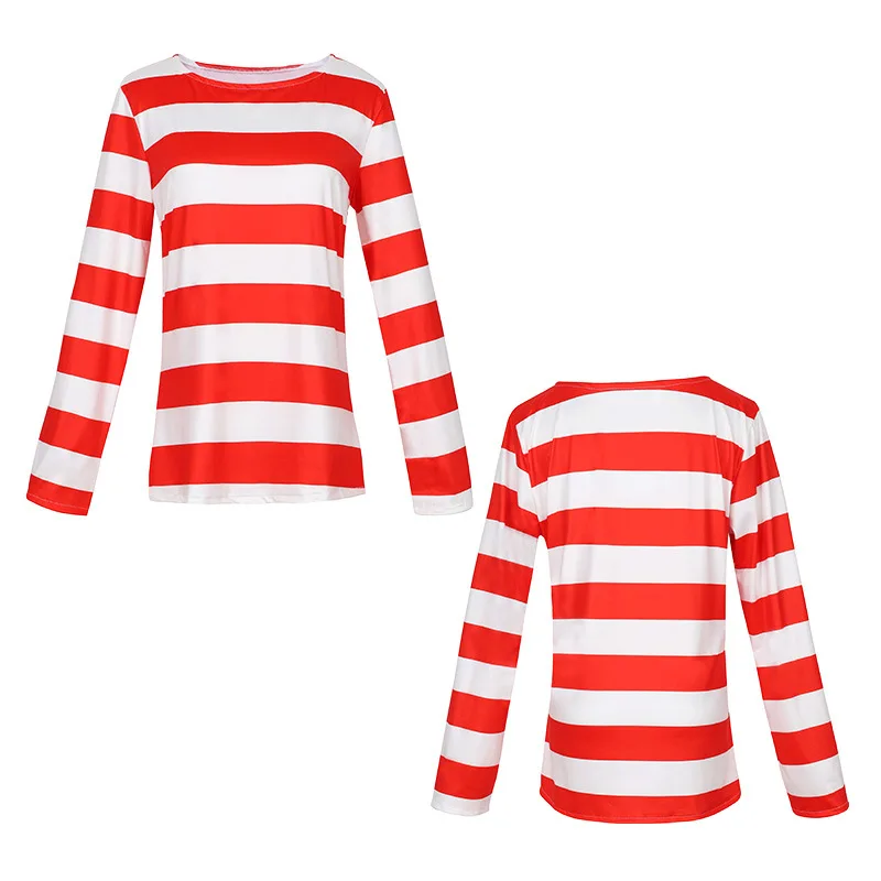 Parent-child Cartoon Where is Wally Waldo Costume Waldo Book Week Cosplay Outfit Stripe Long Sleeve Shirt Hat Glasses Halloween