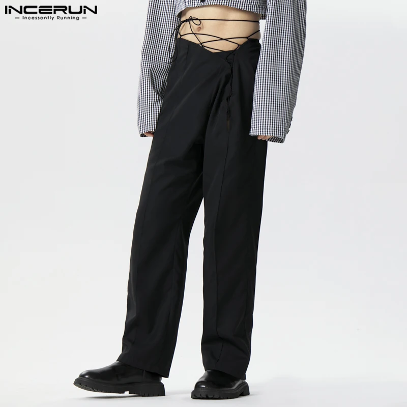 

INCERUN 2024 American Style New Men Pantalons Fashion Strap Design Straight Leg Trousers Casual Solid All-match Long Pants S-5XL