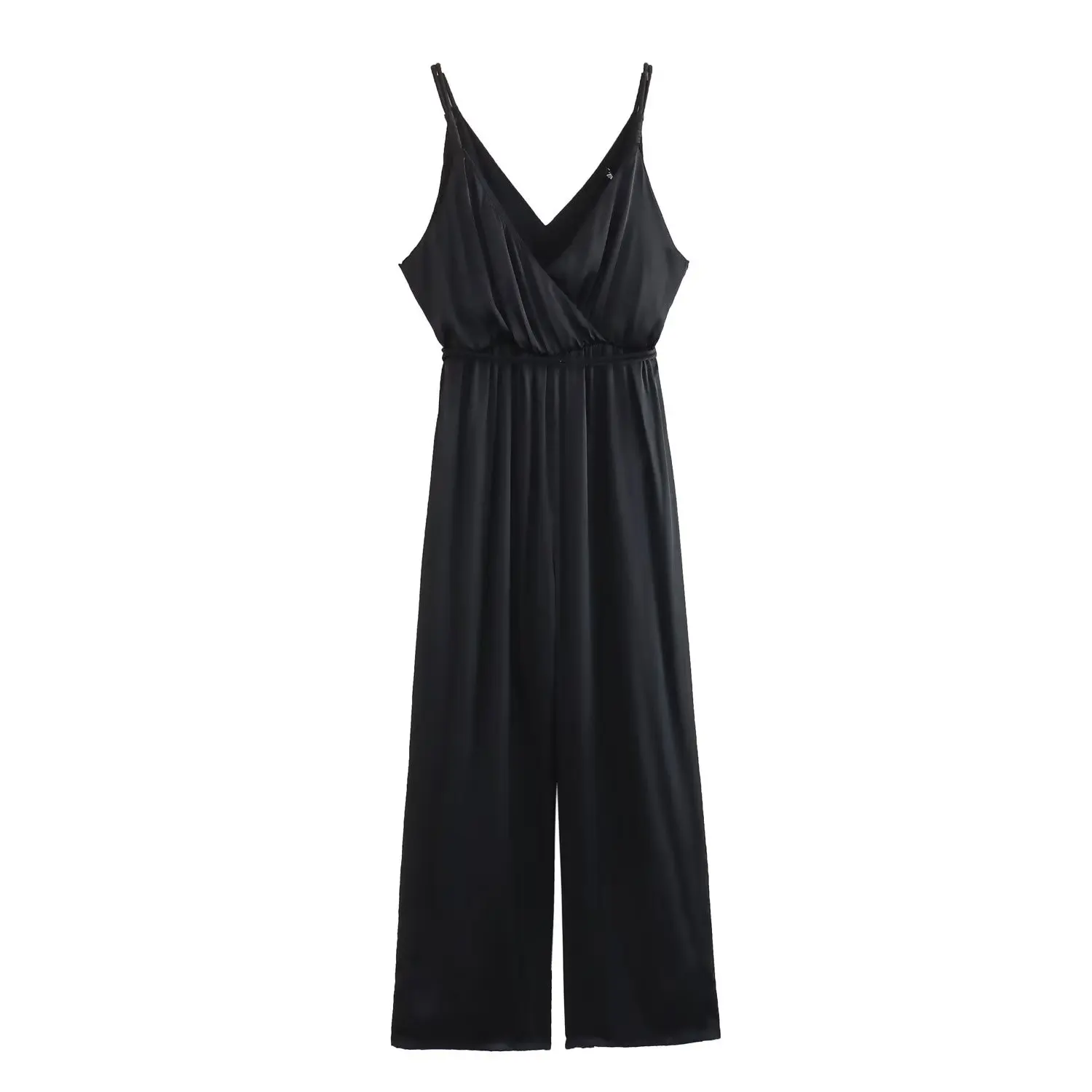 Withered French Elegant Satin Black Color Pleated Suspenders Jumpsuit Women Fashion Ladies Casual Overalls