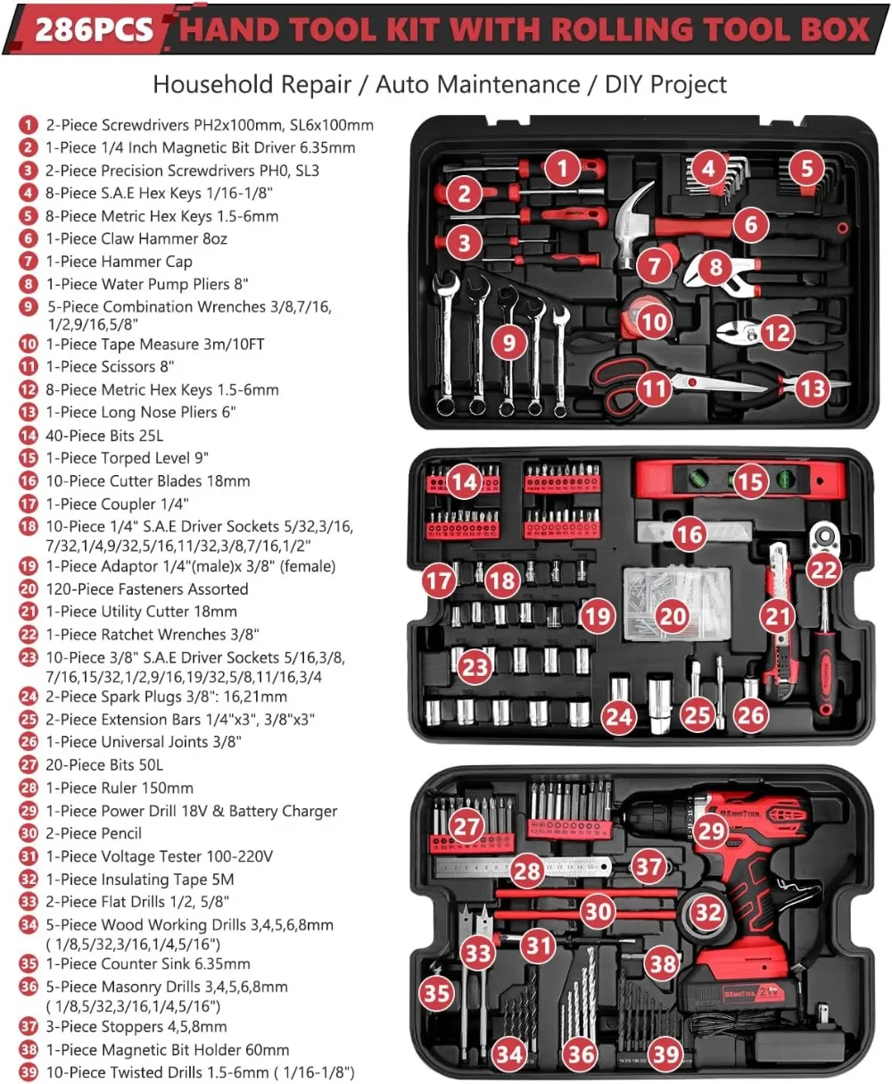 Home Tool Set Kit -286 PCS Home Auto Repair Tool Kit with Rolling Tool Box,Mechanic Tool Sets with 21V Max Cordless Power Drill