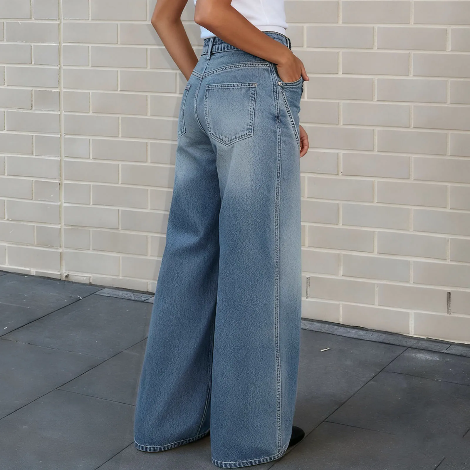 Women's Low-Rise Wide-Leg Denim Jeans Baggy Casual Pants with Pockets for Daily Office Wear Long Trousers