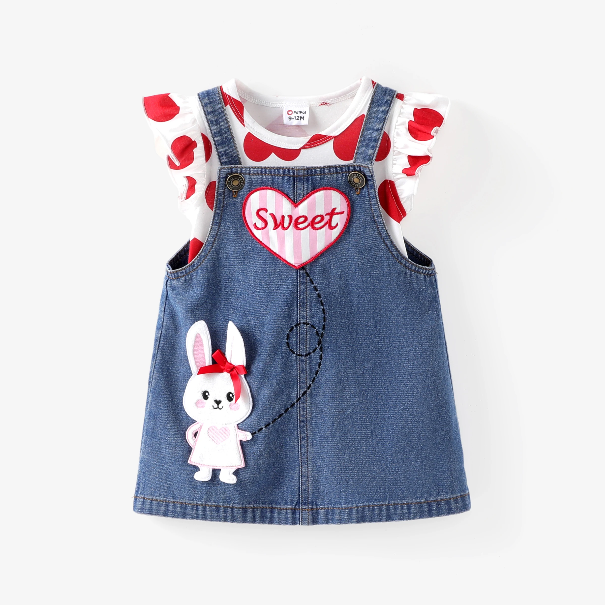 

PatPat Baby Girl 2pcs Heart Print Tee and Heart Rabbit Embroidery Denim Overall Dress Set