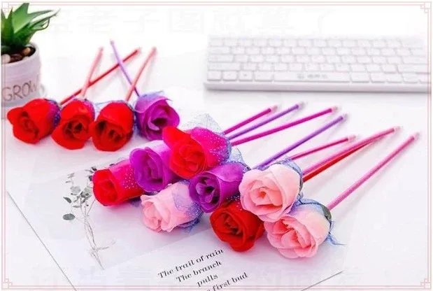 24 Pcs Romantic Flowers Pens Rose Flower Blue Ballpoint Pens Korean Creative Valentine's Day Personality Festival Activity