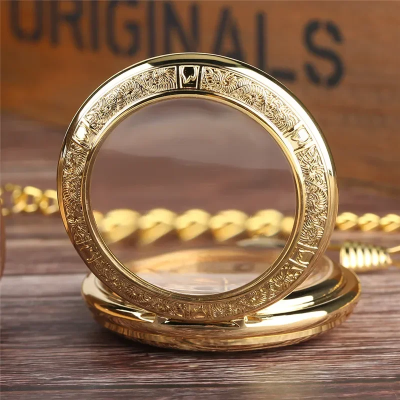 Luxury Golden Skeleton Hand-Wind Mechanical Pocket Watch for Men Women Fob Pendant Chain Clock with Arabic Number Display