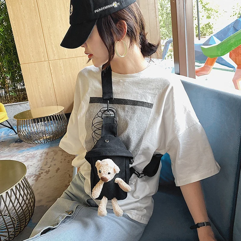 ASDS-Fashion Cartoon Doll Chest Bag Women's Cute Sports Bear Bag Casual Messenger Bag Mini Student Canvas Bag