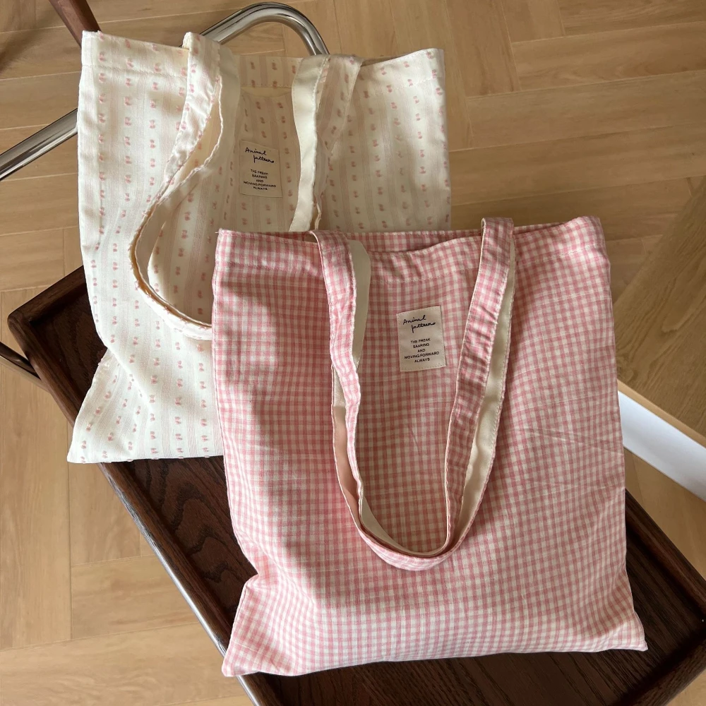 Plaid Striped Women Canvas Shoulder Bag Fresh and Simple Handbag Casual Tote Student Books Bag Purse Girls Eco Shopping Bags