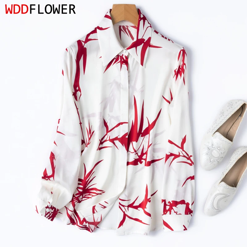 

Women Silk Shirt 93% Mulberry 7% Spandex 19 Momme Crepe Silk Polka Dots Printed Long Sleeve Top Blouse Office Work M L M1263