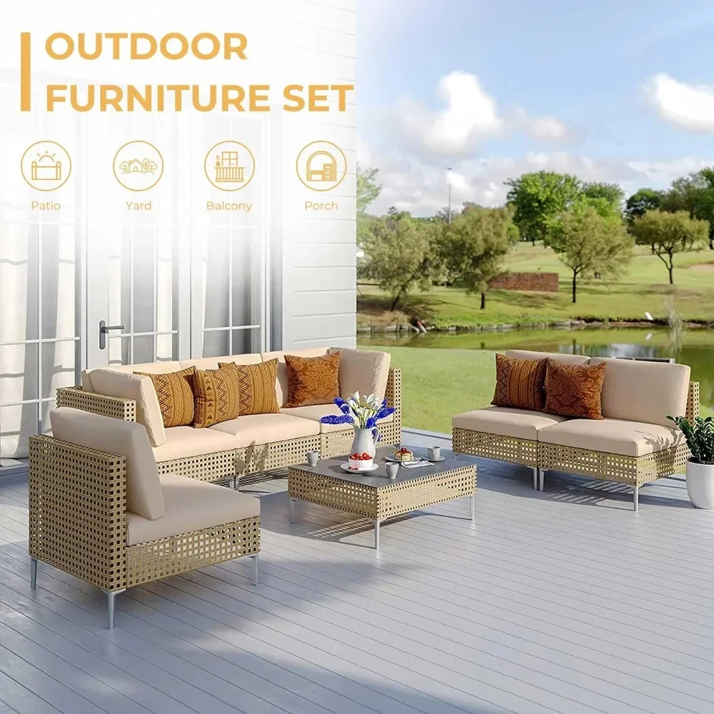 Resistente à água Outdoor Furniture Set, Almofadas grossas bege e Coffee Table, 7 PCs