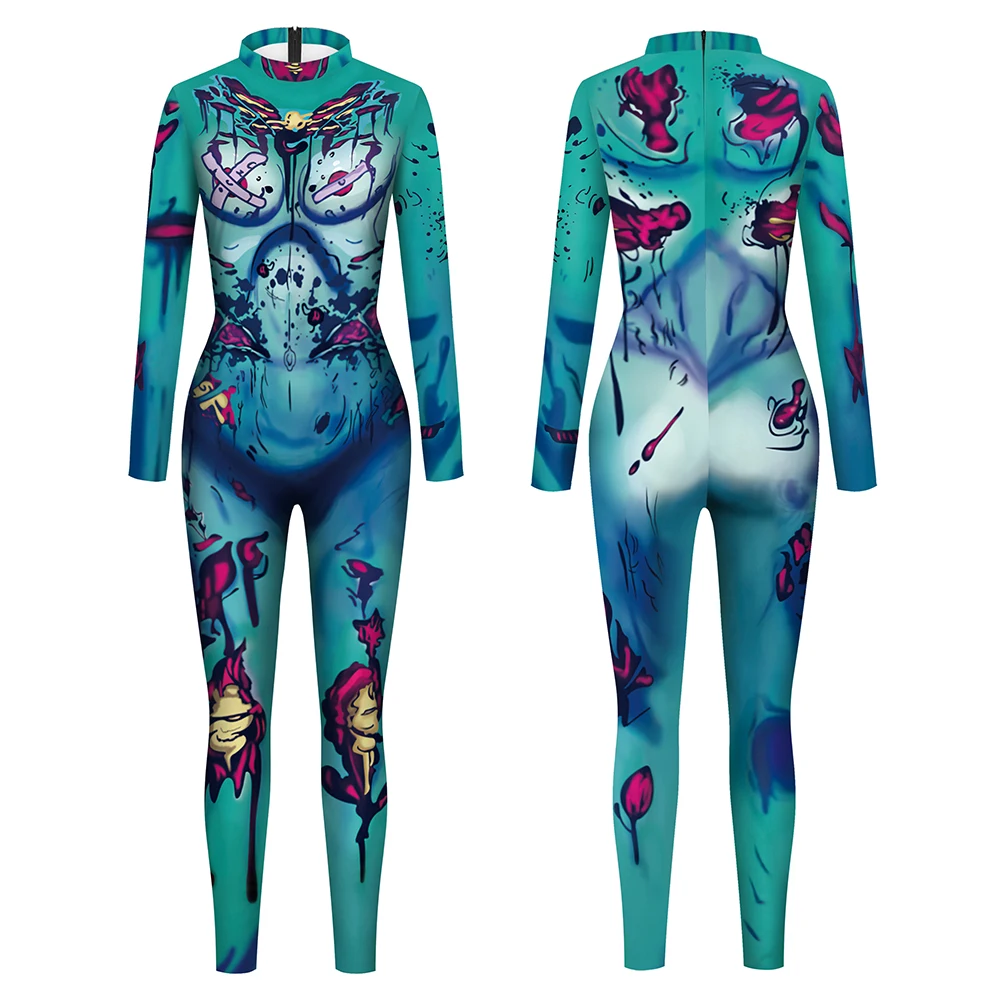 Blauwe Zombies Jumpsuit Halloween Verschrikkelijk Cosplay Kostuum Monster Bodysuit Skinny Festival Zentai Pak Feest Volwassen Outfit