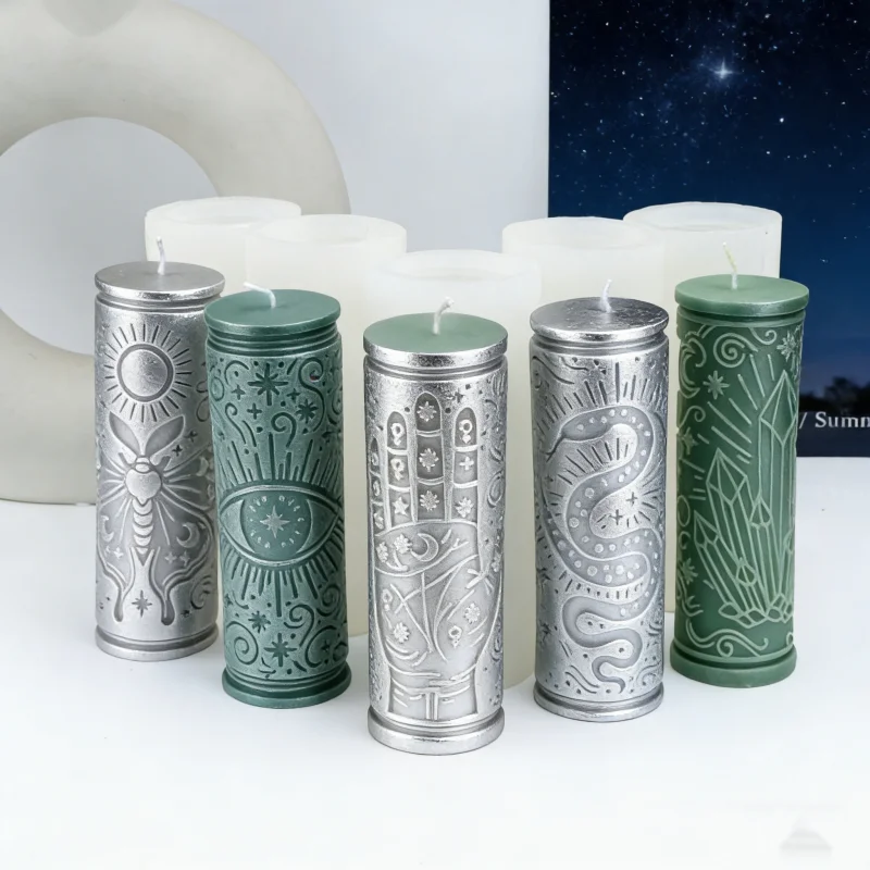 3D Esoteric Cylinder Silicone Candle Molds Relief Mystic Moth Snake All-Seeing Eye Pillar Resin Crafts Mold Handmade Decor Gifts