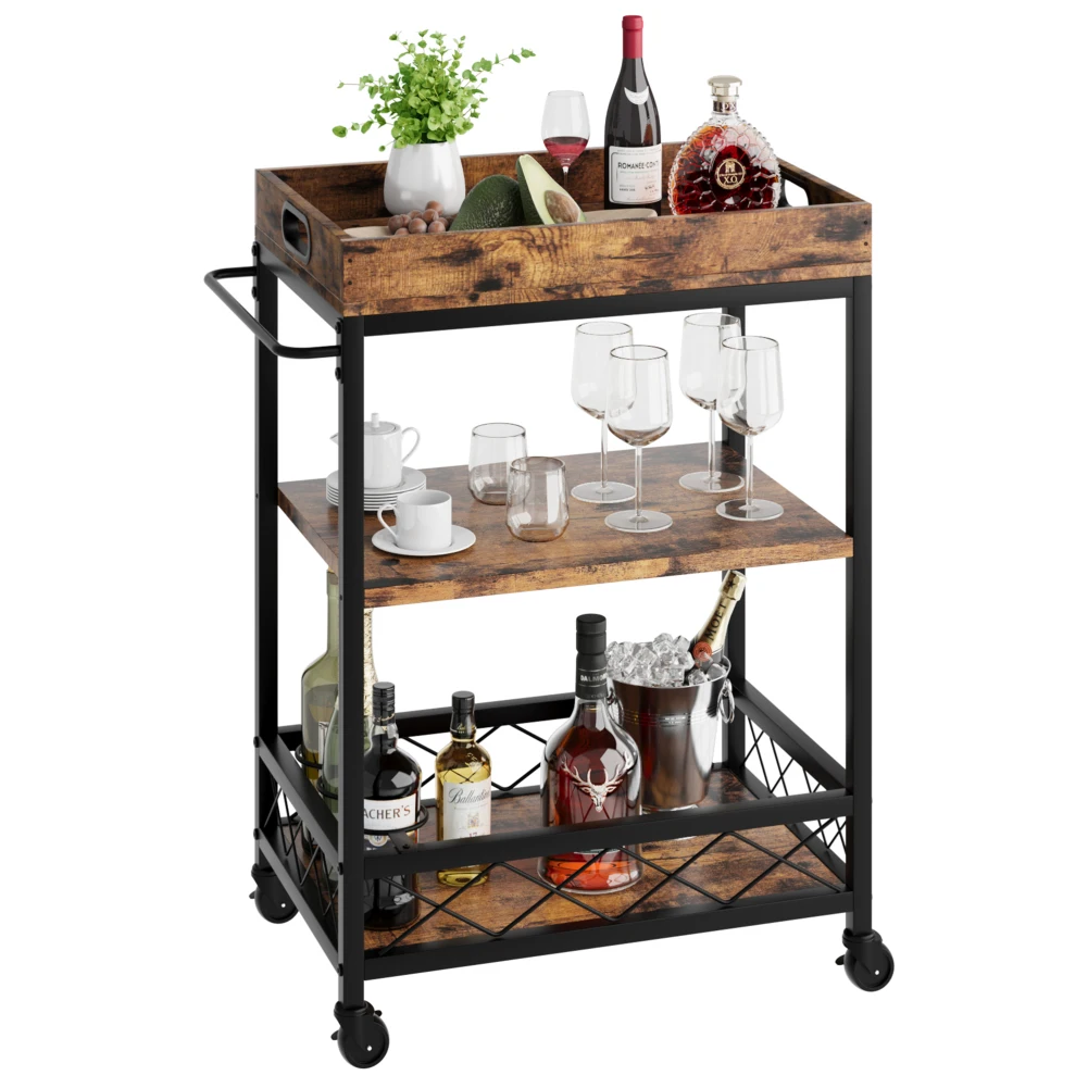 

Bar Carts for The Home, Bar Cart, Serving Cart with Wheels, 3 Tier Bar Cart with Wine Rack, Wheel Locks (Vintage)