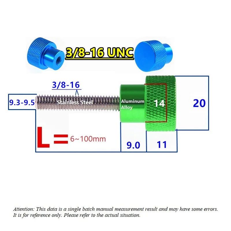 3/8-16 Flat Head Knurled Hand Grip Knob Step Bolts Colourful Thumb Screw Product New Listing Aluminum Alloy/Stainless Steel