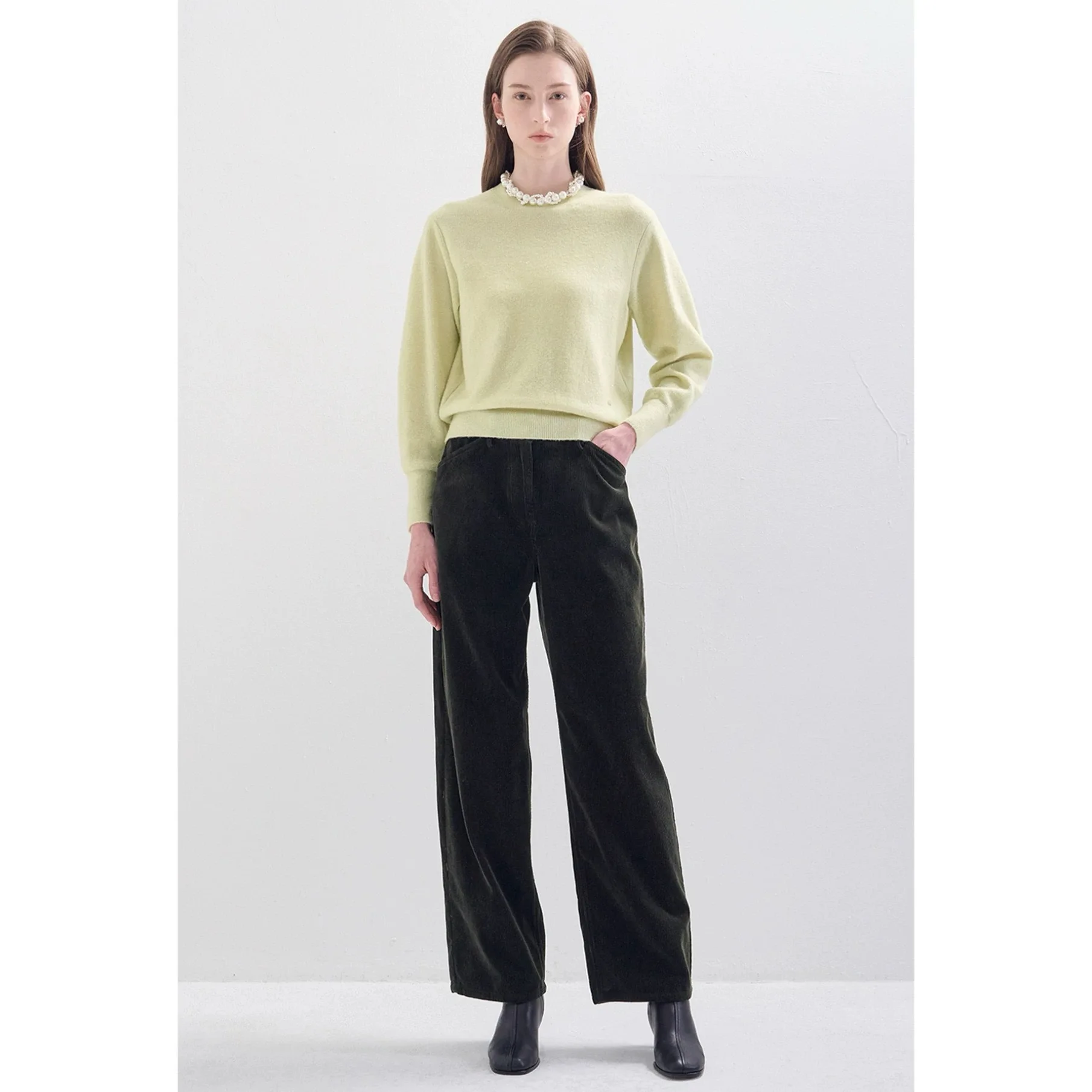 Citron fromage LAN25 hiver Faion velours côtelé polyvalent minceur mi taille haute jambe droite pantalon trajet Sle dames pantalon