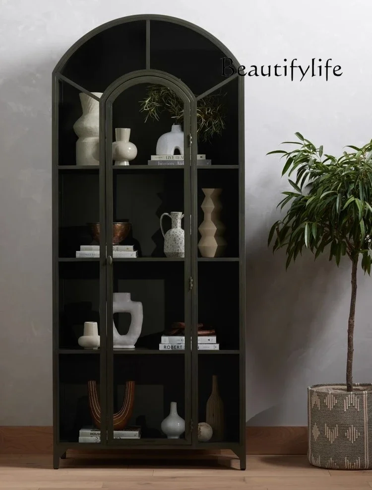 

HK American light luxury solid wood bookcase simple household high-grade black arched display cabinet with glass door