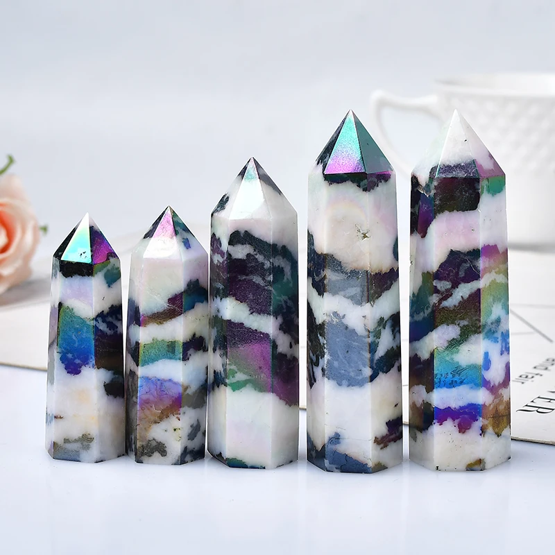 Natural Aura Stone Crystal Point Healing Obelisk Black and White Zebra Quartz Wand Beautiful Ornament for Home Decor Pyramid