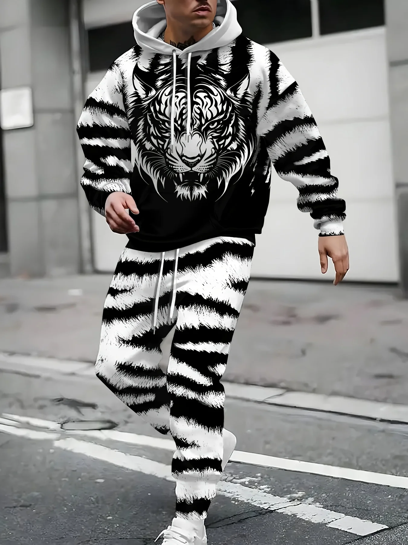 

Vintage Men's Hooded Hoodies 3D Printed Battle Animal Pattern Sweatshirt Drawstring Sport Long Sleeve Tops Casual Men's Set
