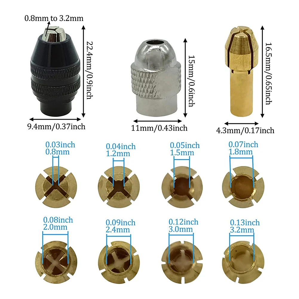 ชุดหัวจับดอกสว่านสำหรับ dremel 11ชิ้นสำหรับเปลี่ยน4485ชุดเครื่องมือน็อตเจาะทองเหลืองเปลี่ยนเร็ว (1/2 32นิ้วถึง1/8นิ้ว)