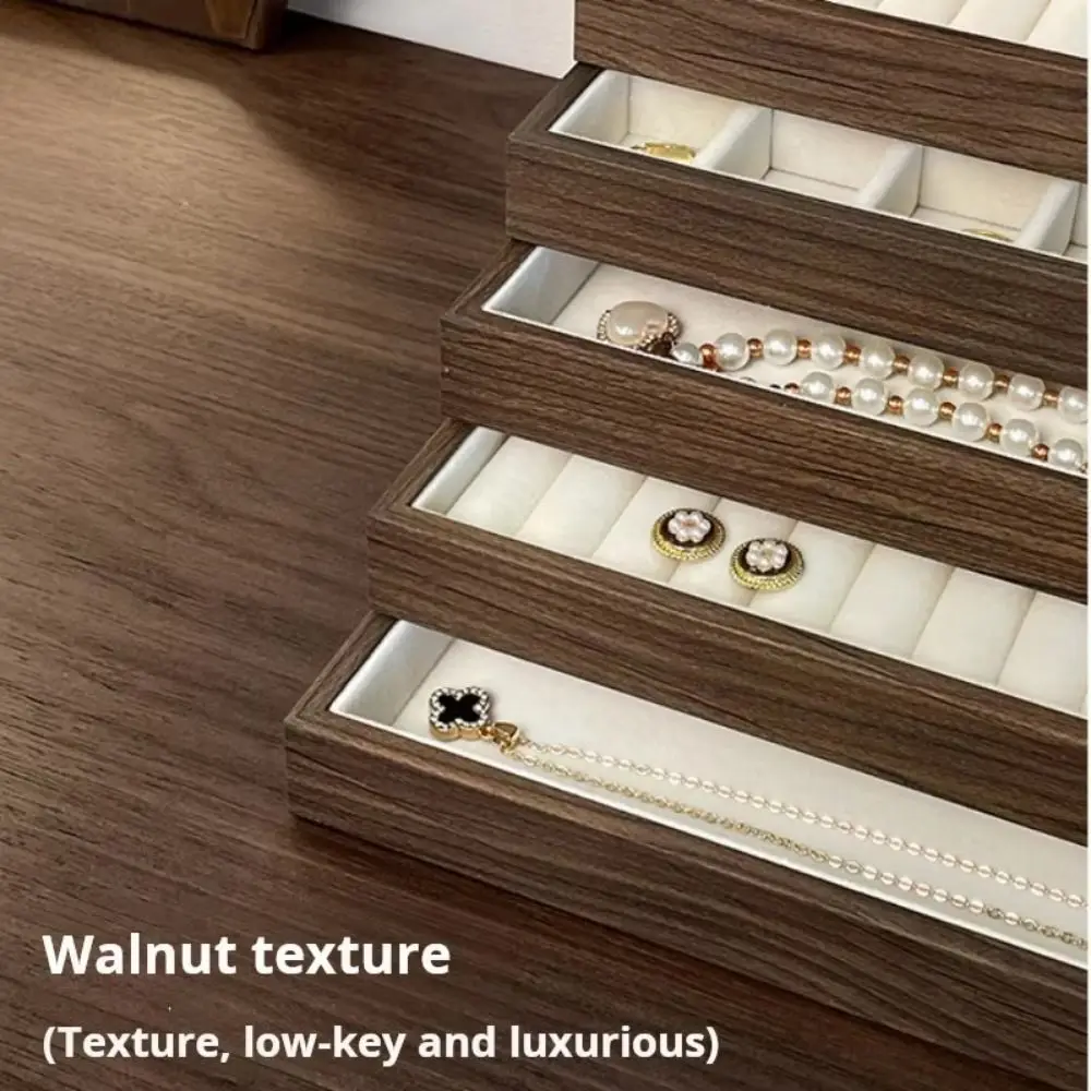 

Multi-Compartment Wooden Jewelry Display Tray Velvet Lining Flat Bottom Earrings Storage Holder Solid Wood Stackable