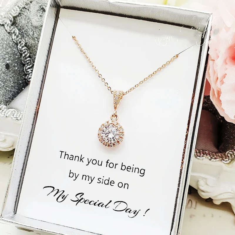 Personalized ROSE GOLD Round Cubic Zirconia Necklace, Elegant Halo Necklace, Bride and Bridesmaid Gifts,Wedding Party, Bridal