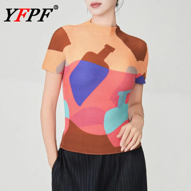 

YFPF Women Miyake Pleated Design Women's T-shirt Fashion Printing Slim Contrast Color Short Sleeve Tops Casual 2025 New Clothing
