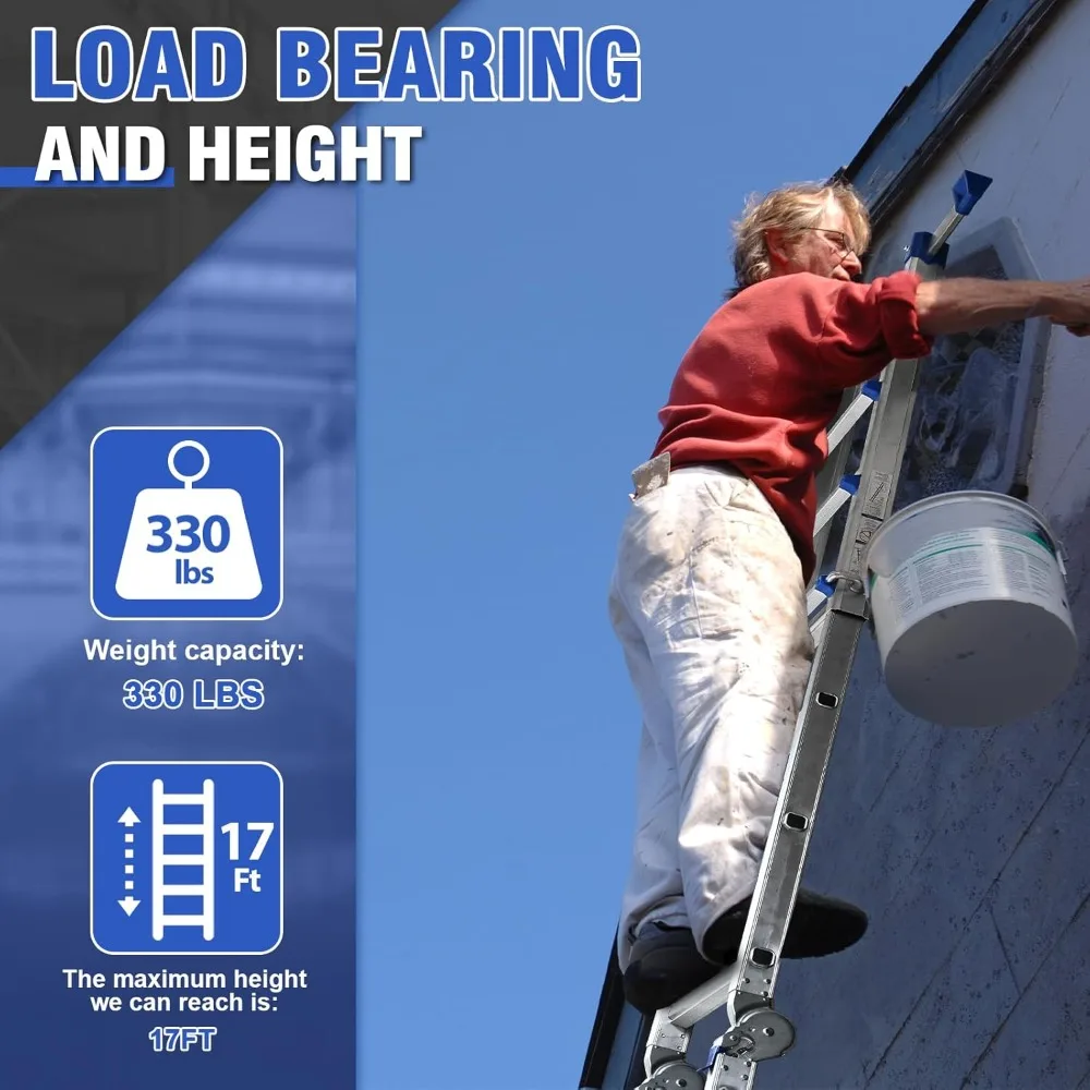Een frame 4-staps verlengladder 17 Ft, multipositieladder met verwijderbare gereedschapsbak en stabilisatorstang, capaciteit van 330 lbs