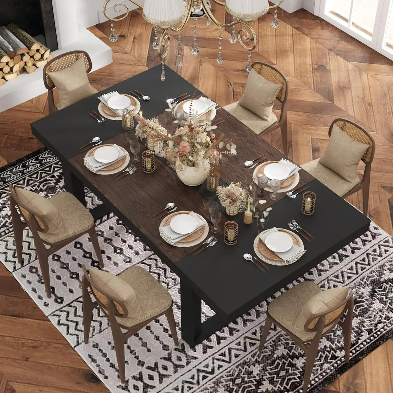 Nowoczesny stół do jadalni dla 6-8 osób, duży stół kuchenny 218 cm z drewnianymi nogami, do jadalni, kuchni, biura, czarny i brokatowy