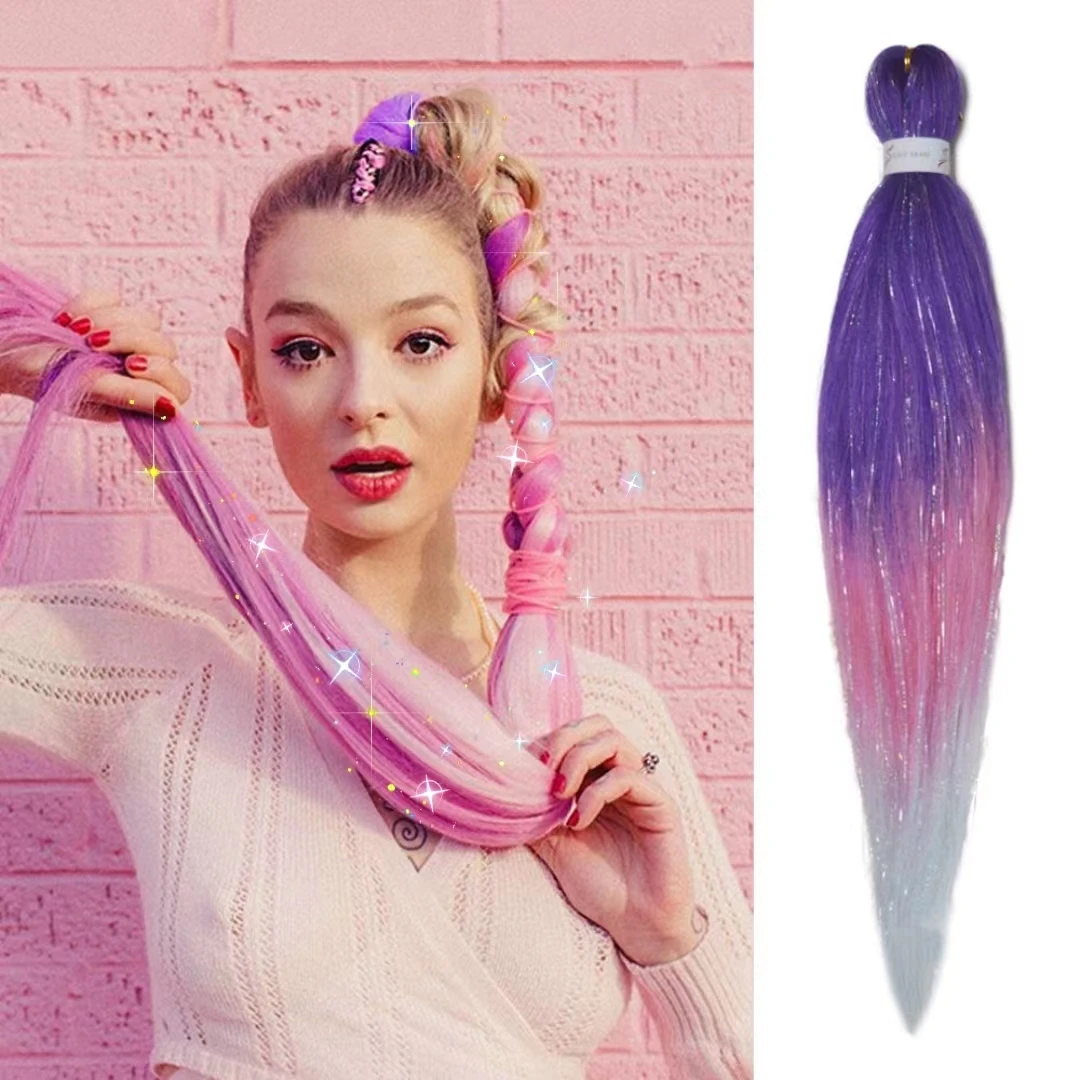 

Purple Pink White 3 Tones Ombre Straight Braids Blend Hair Tinsel Festival Rave Hair Extensions for Girls Crazy Hair Day Braids