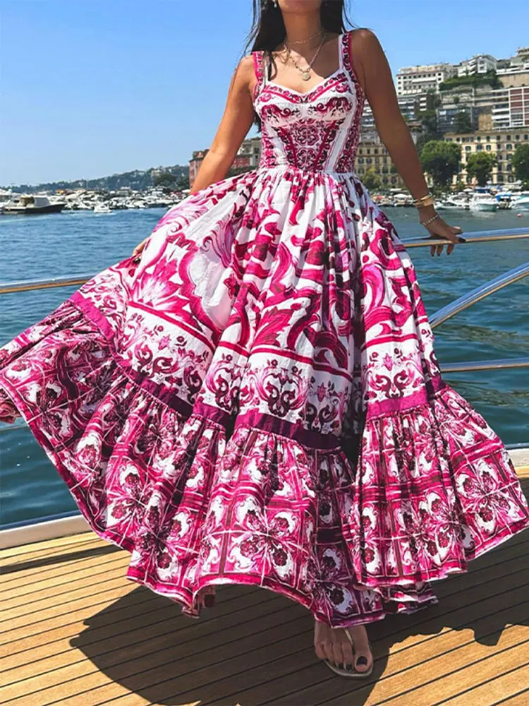 

Women Dress Boho Printed Suspender Dresses Beach Fashion Backless Large Swing Midi Vestido Female Summer Chic Vacation Robes