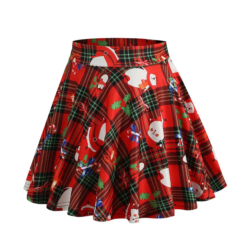 New Christmas Retro Sexy Medieval Women Printing A Line Ruffle Skirt Fashion Mini Skirts High Waist Santa Claus Snowman Skirt