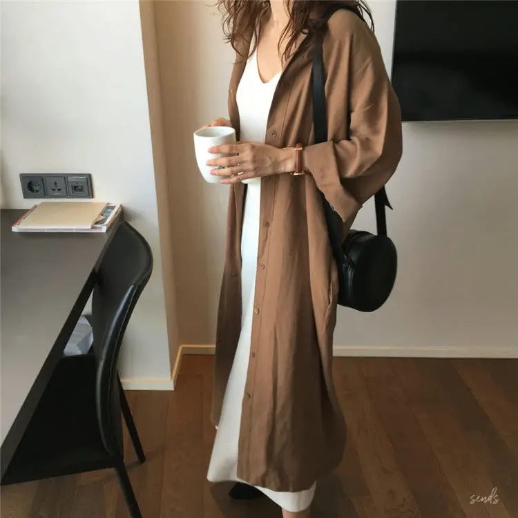 Shirt Dress For Women Harajuku Aesthetic Vintage Clothes Woman Korean Fashion Maxi Robe  Casual Dresses Long Brownblack