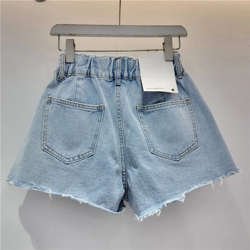 Short en jean denim à jambes larges, jean taille haute, deux boutons, couleur unie, tout match, pantalon court décontracté, simple, été