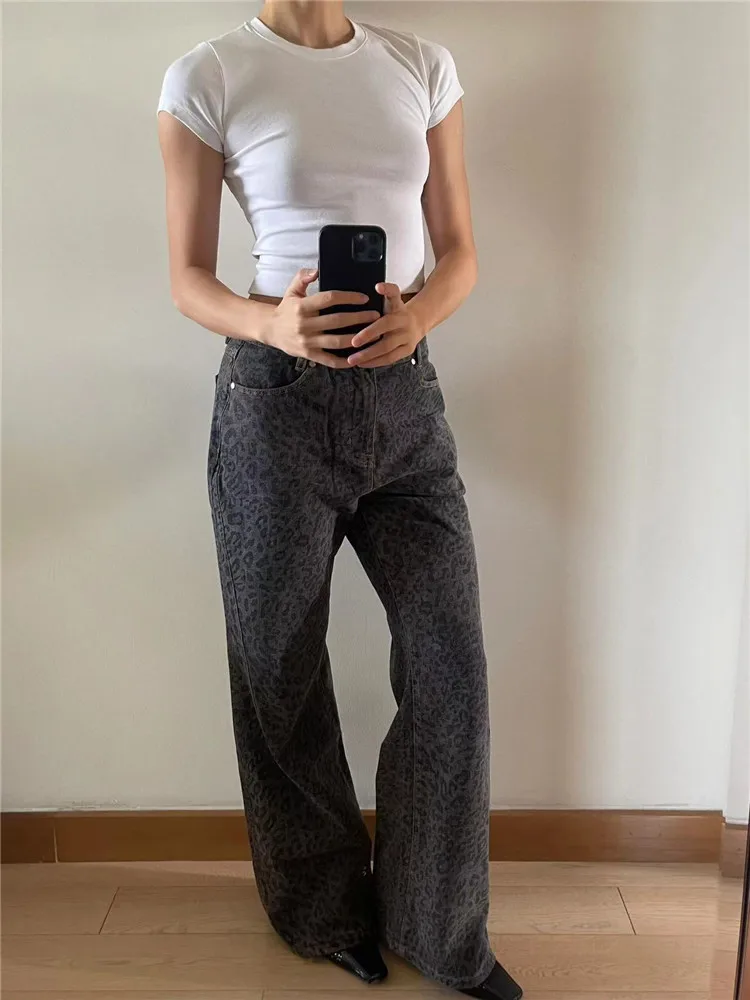 

American Retro High Street Leopard Print Jeans Women's High Waist Slimming Extended Design Wide Leg Straight Cut Pants