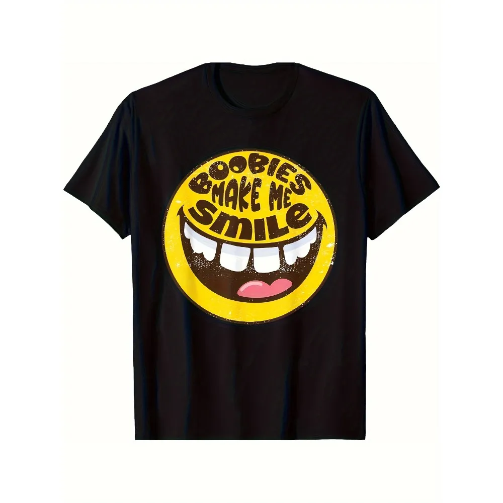 

Мужская футболка с принтом "Boobies Make Me Smile" - 100% хлопок, повседневная футболка с круглым вырезом и юмористическим дизайном, стандартный крой, машинная стирка.