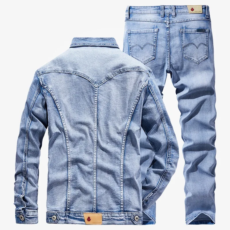 Men 2 Piece Sets New Simple Spring Autumn Smoky Gray Long Sleeve Denim Jacket + Jeans Fashion Slim Couple Denim Suit Ropa Hombre