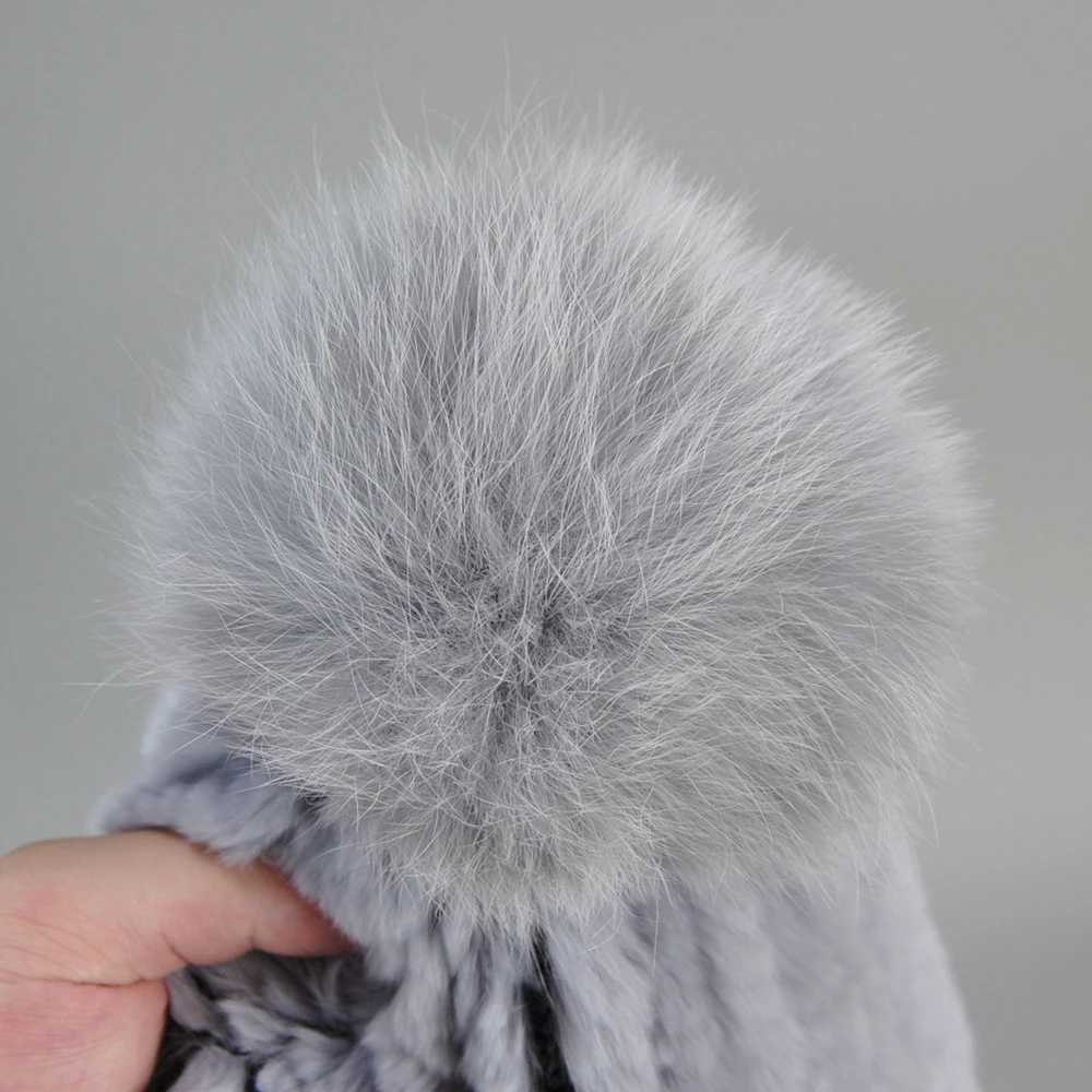 Real Girls Rex Rabbit Fur Hat Women Winter Knitted Fur Beanies Cap Fur Pom Poms Brand New Thick Female Cap Elastic Soft Warm