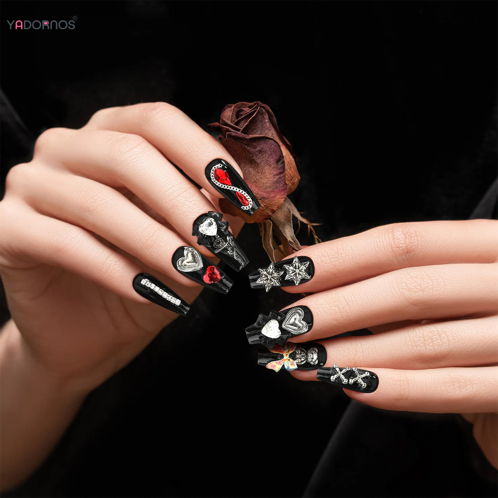 Uñas postizas de estilo gótico para mujer, uñas postizas hechas a mano con diamantes de imitación, diseño de lazo, manicura usable para fiesta, color negro, 10 piezas