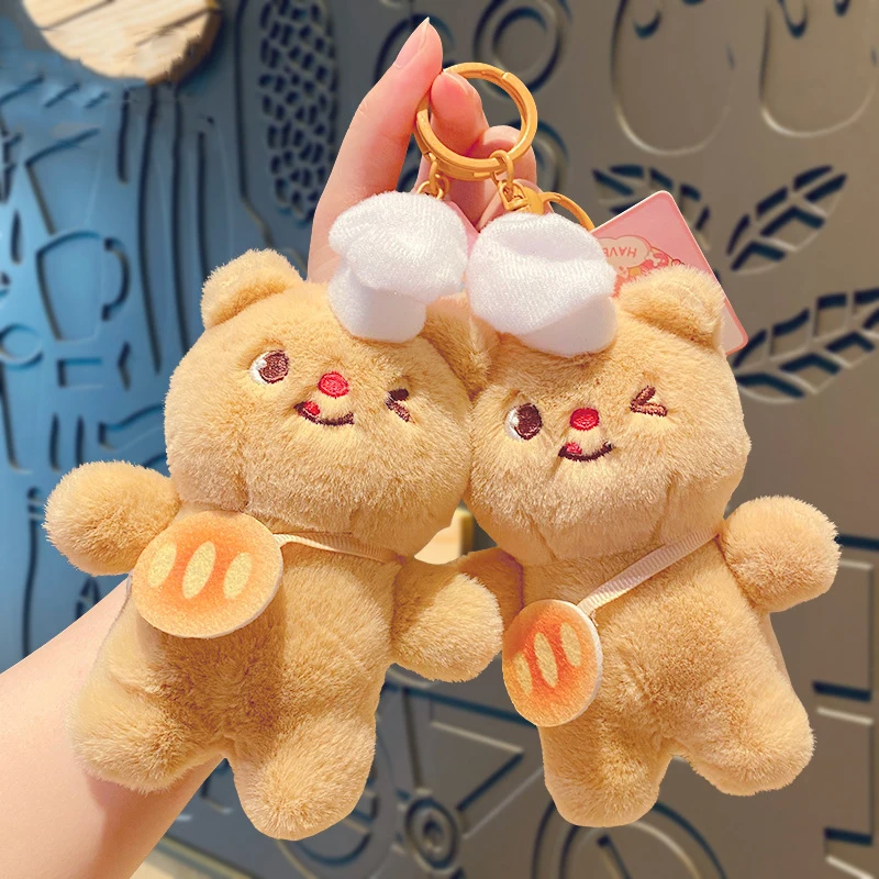 Cute Plush Cooking God Butter Bear Doll Key Chain Pendant Creative White Chef Hat Paw Print Satchel Bear Animal Keyring Bag Gift