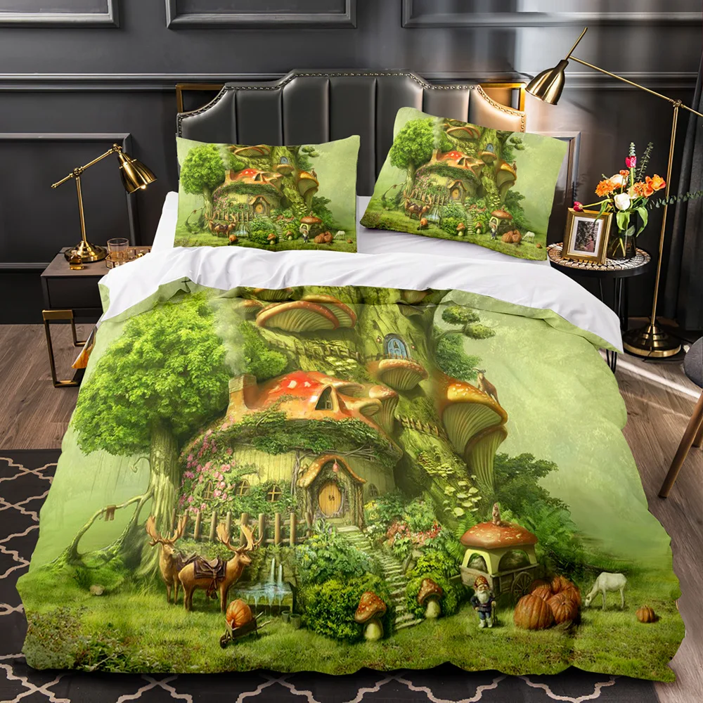 Mushroom Fairy Forest Duvet Cover Magic Lilliputian Cartoon Fungus Plant Bedding Set Fantasy Garden Polyester Comforter Cover