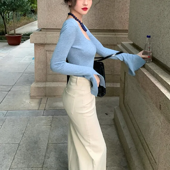

7370 French Style 14-Gauge Cashmere Square Neck Slimming Split Flare Sleeve Design Knitted Sweater Base Shirt For Women