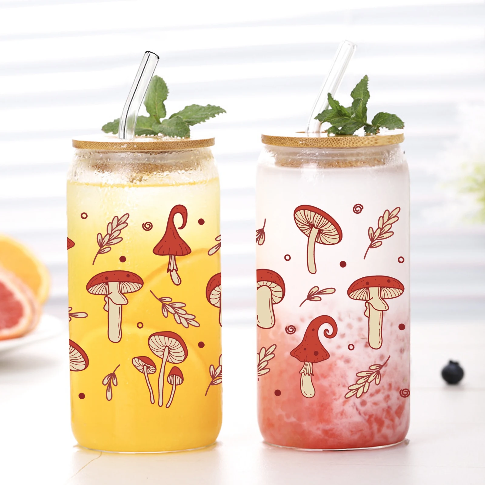 

1pc Red Mushroom Pattern Coffee Can Glass 3d Printed 16oz Soda Can With Lid&Straw Glass Iced Coffee Cup Mug Beer Glass Can