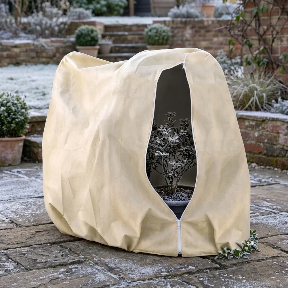 Zippered Frost Cover for Plants with Drawstring Bottom Seal and 30 Percent Light Transmission Non Woven Fabric