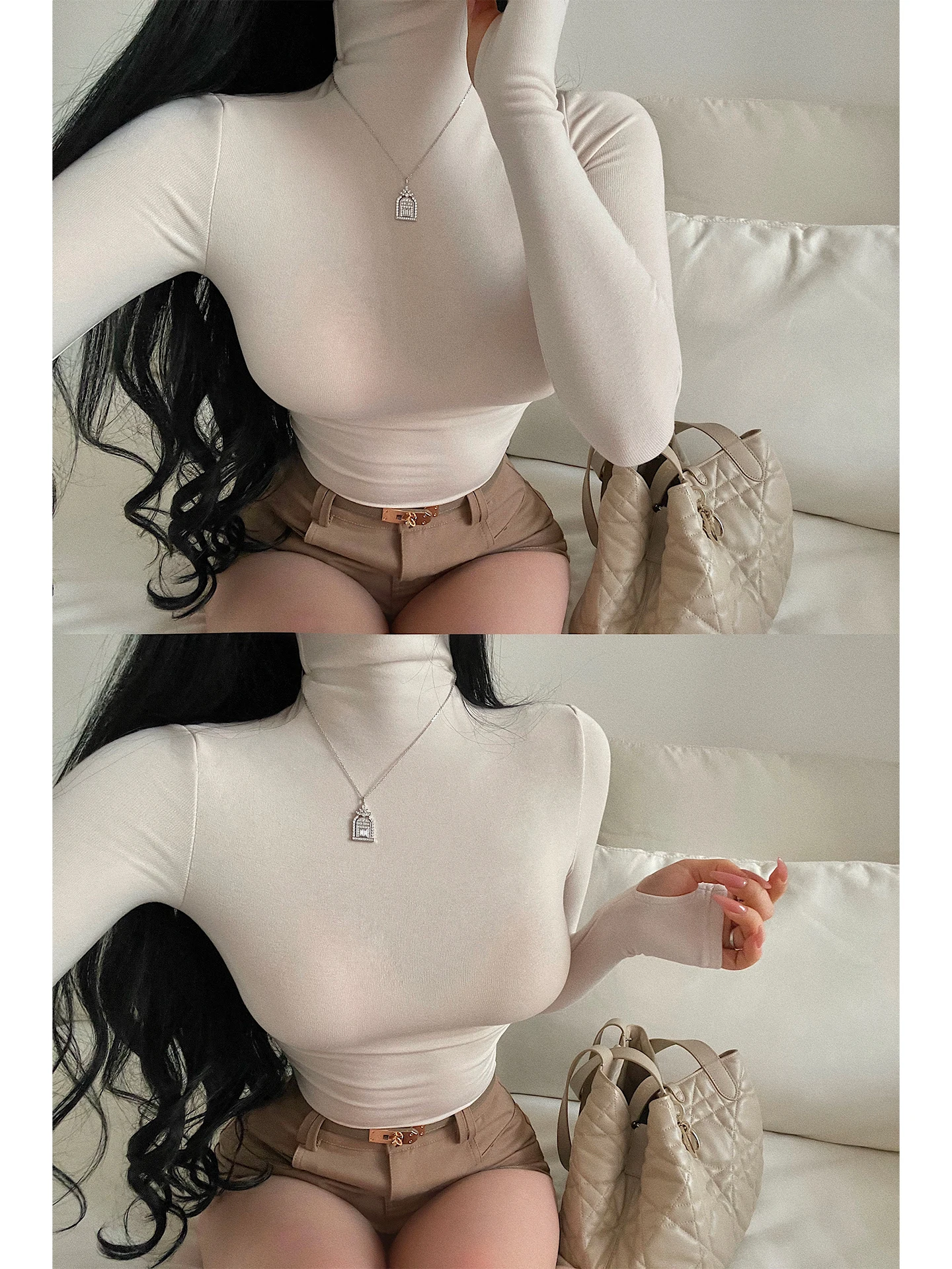 YoungGirlDay Basic High Collar Slim Fit Fleece Long Sleeve T-Shirt Women's Standard Style Garment Chinese Production