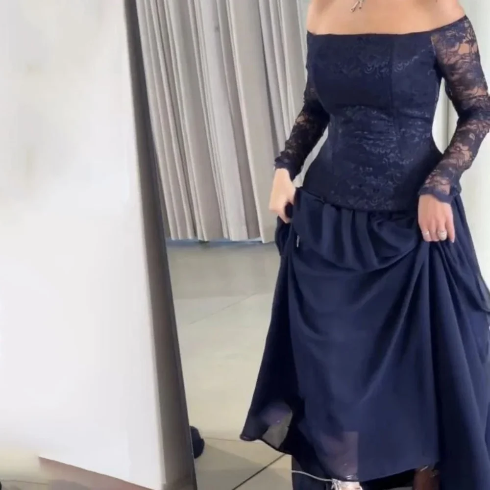 Sukienka na bal dla kobiet z wykwintną koronkową aplikacją, długi rękaw, urocza suknia wieczorowa w stylu syreny z dekoltem w łódkę, marszczona suknia na przyjęcie.